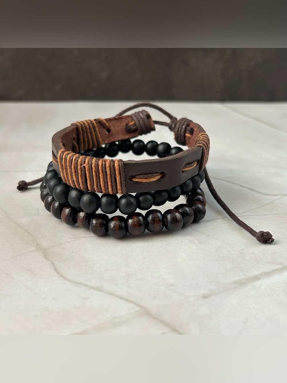 Layered Brown Leather and Black Bead Bracelet Set